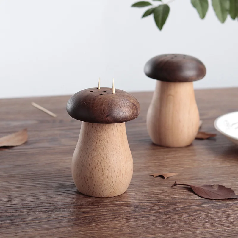 JINNS beech wood cute mushroom shape toothpick dispenser holder box jar for home kitchen