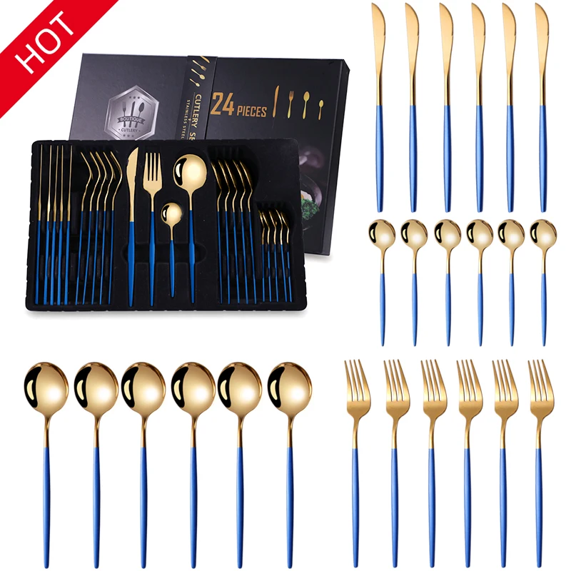Stainless Steel Luxury Reusable Silver Gold Restaurant Kitchen Wedding Spoons and Forks Knife Cutlery Flatware Sets Wholesale