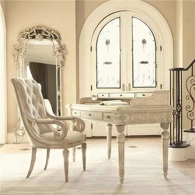 High quality French Louis antique style carved solid wood oak wooden Home Office desk table