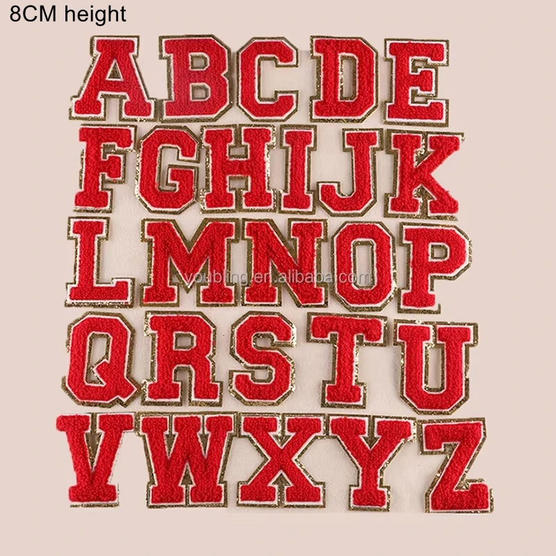 Fashion Style 8CM Height Chenille  Red  Glitter English Letters Iron on Patches For Clothing Letter Embroidery Clothes Applique