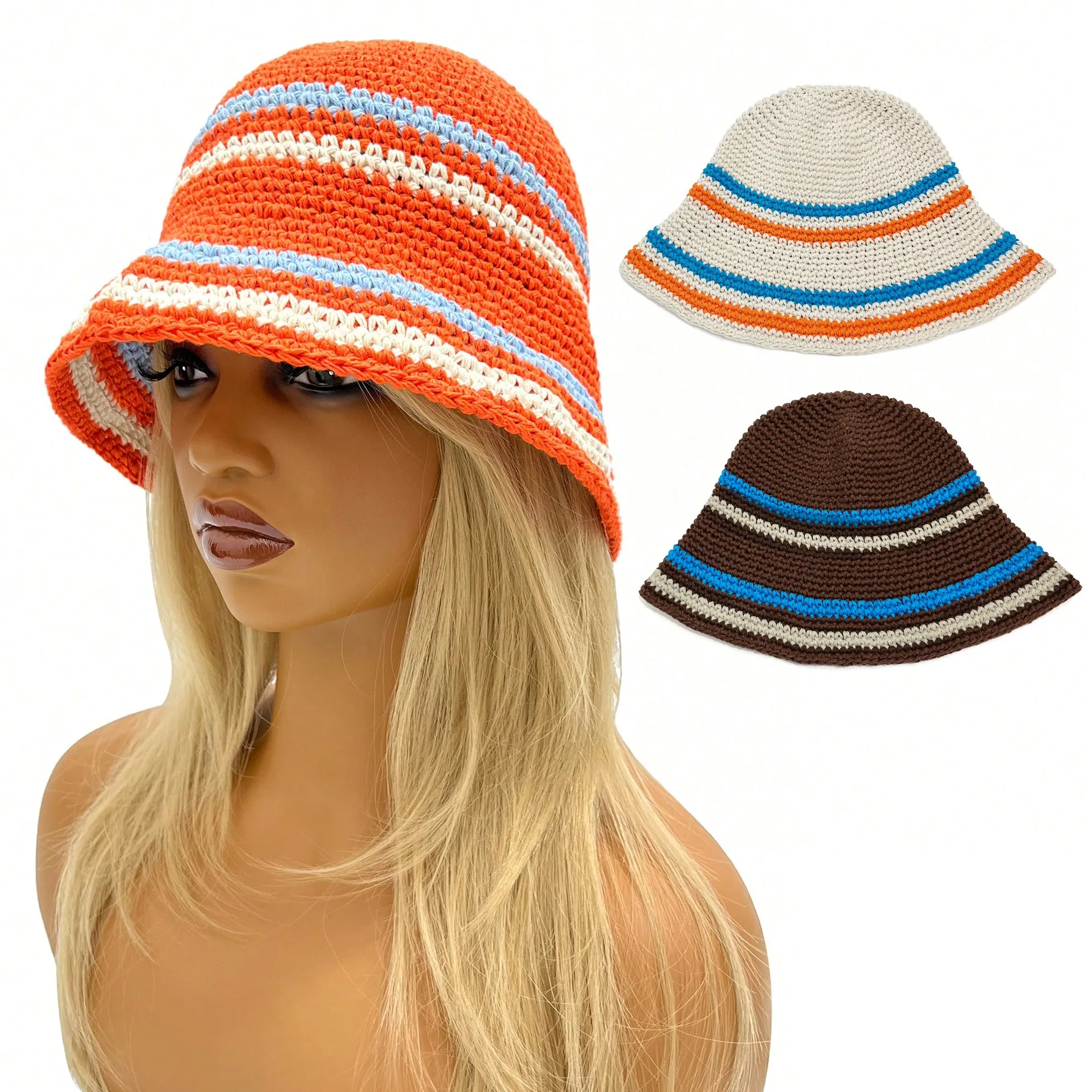 Fashion Summer Striped Crochet Hat Cotton Knitted Sunshade Sunscreen Bucket Fisherman Hat