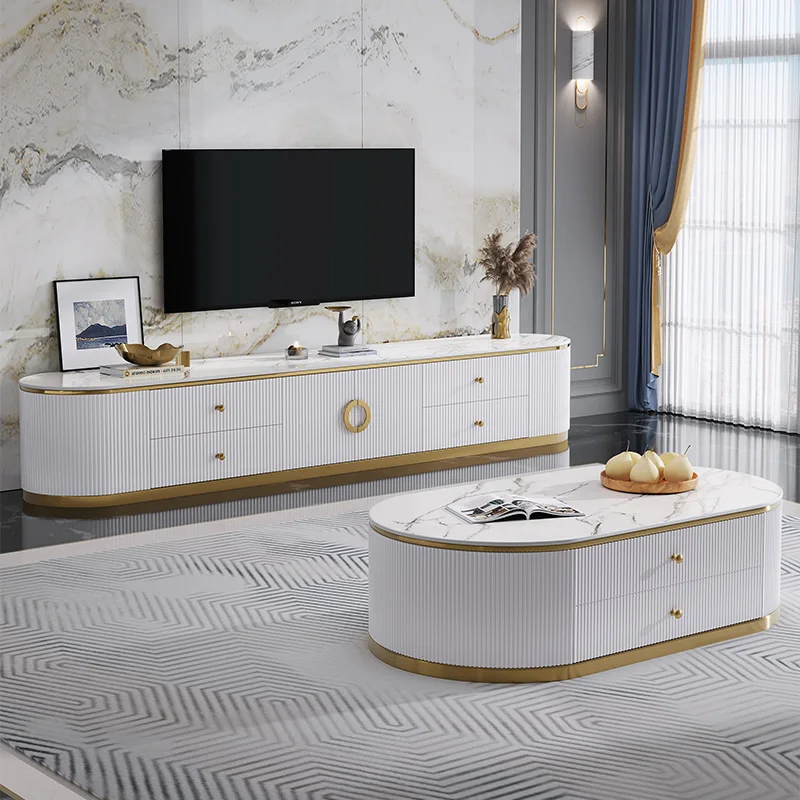 Modern Four Drawers Glossy Gold Stainless Steel Marble Top TV Stand High Quality Slate Tabletop Coffee Table Set