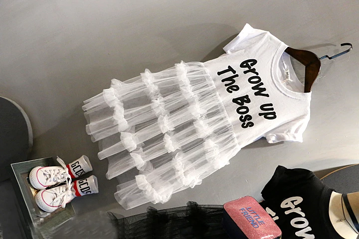 New Trend Hot Selling Kids Mesh Chiffon Patchwork Long Shirt Dress Short Sleeve Girls Party Dresses