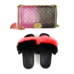 Wholesale Fashion Daily Wear Fur Flat Fancy Fluffy Furry Flip Shoe And Transparent Pvc White Jelly Bag And Shoes Set
