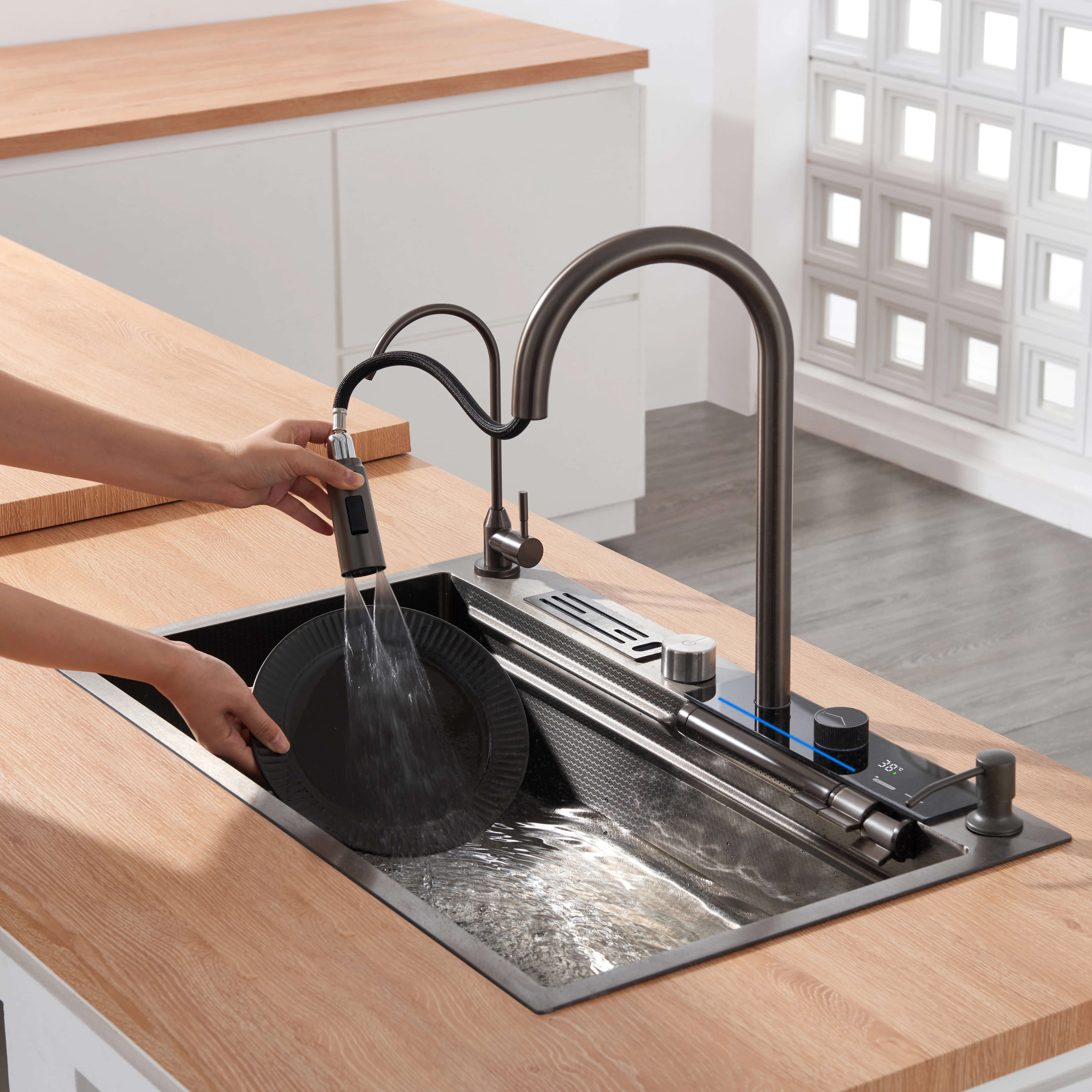 New Kitchen Sink Stainless Steel Led Digital Display Waterfall Handmade Nano Smart Multifunction Kitchen Sink with Faucet