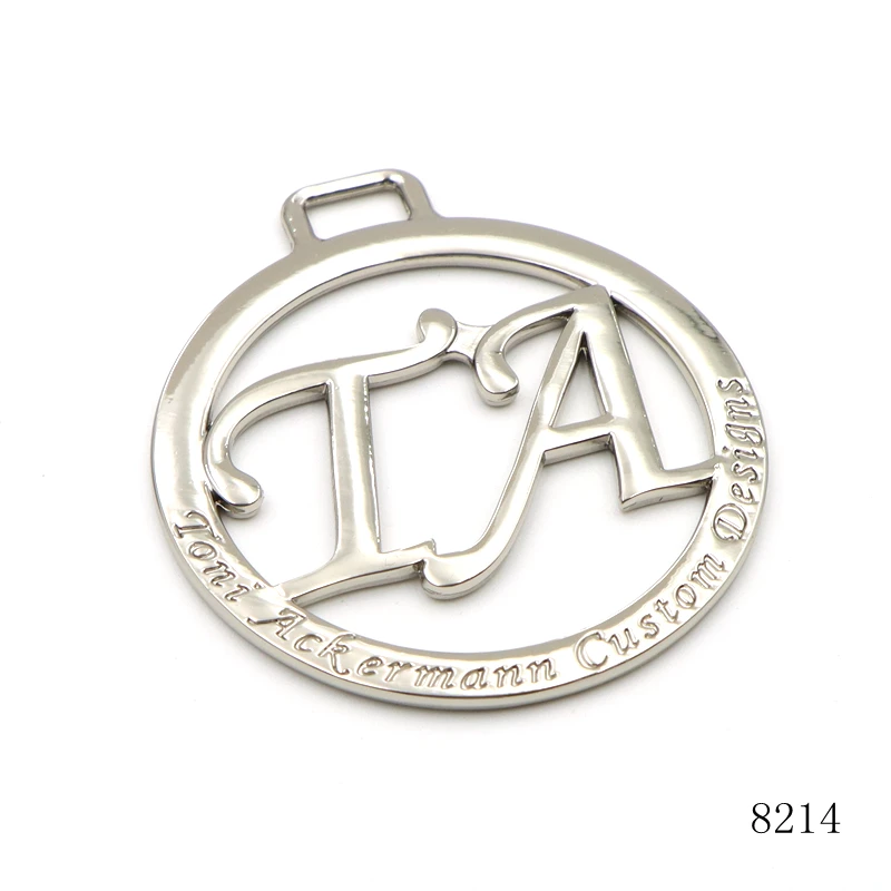nickel round  hollow logo metal brand  logo custom hanging metal label tag for handbags