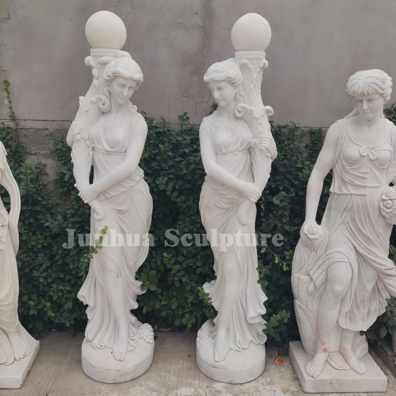 Natural Stone Female Statue Occidental Lady Girl Marble Sculpture With Flower Basket