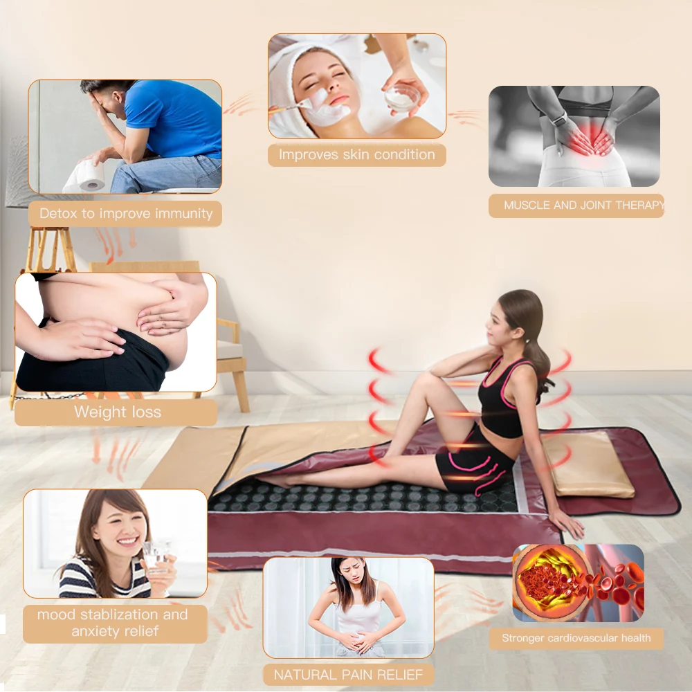 3 Heating Zone 180pcs Black Bian Stone Velcroes Far Infrared Slimming Sauna Blanket For Weight Loss And Detox