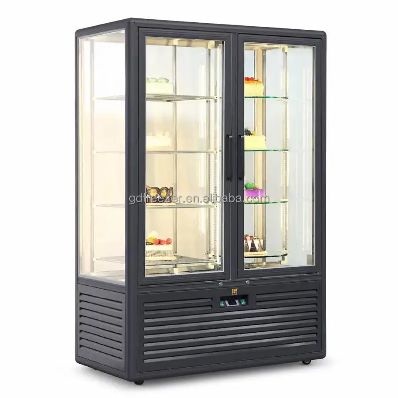 Commercial Bakery refrigerated showcase Rotating Cake Display Fridge with Vertical 4 side Glass