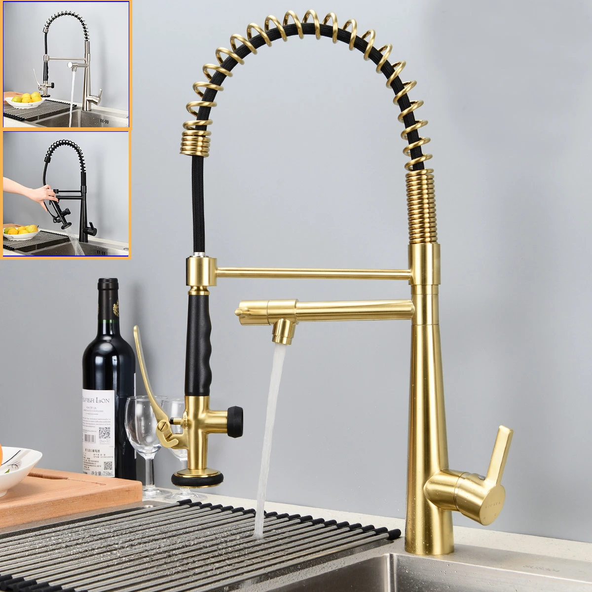 Kitchen Faucets Commercial Solid Brass Single Handle Single Lever Pull Down Sprayer Spring Kitchen Sink Faucet, Matte Black