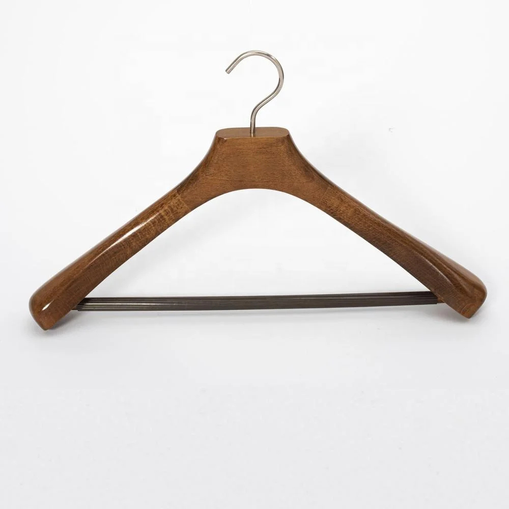Custom Logo Antique Copper Color Wide Shoulder Luxury Suit Wooden Hangers With Pants Bar