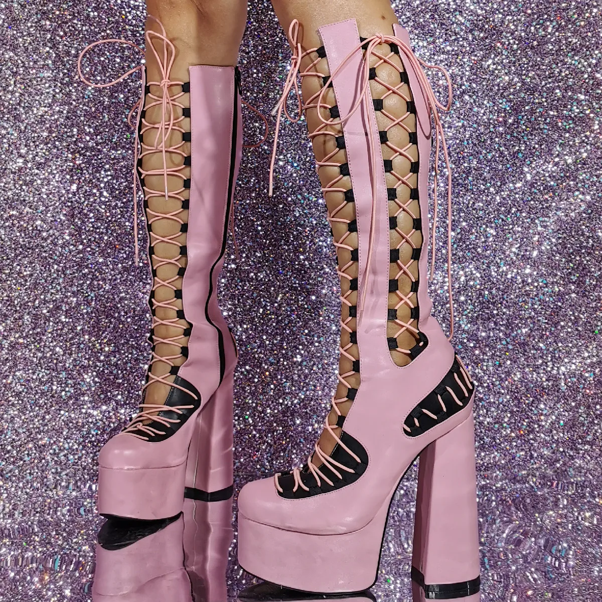 Fashion Botas para Mujer 15 cm Pink PU Lady Sissy Strippers Nightclub Party Lace Up Women High Heel Pump Shoes Knee High Boots