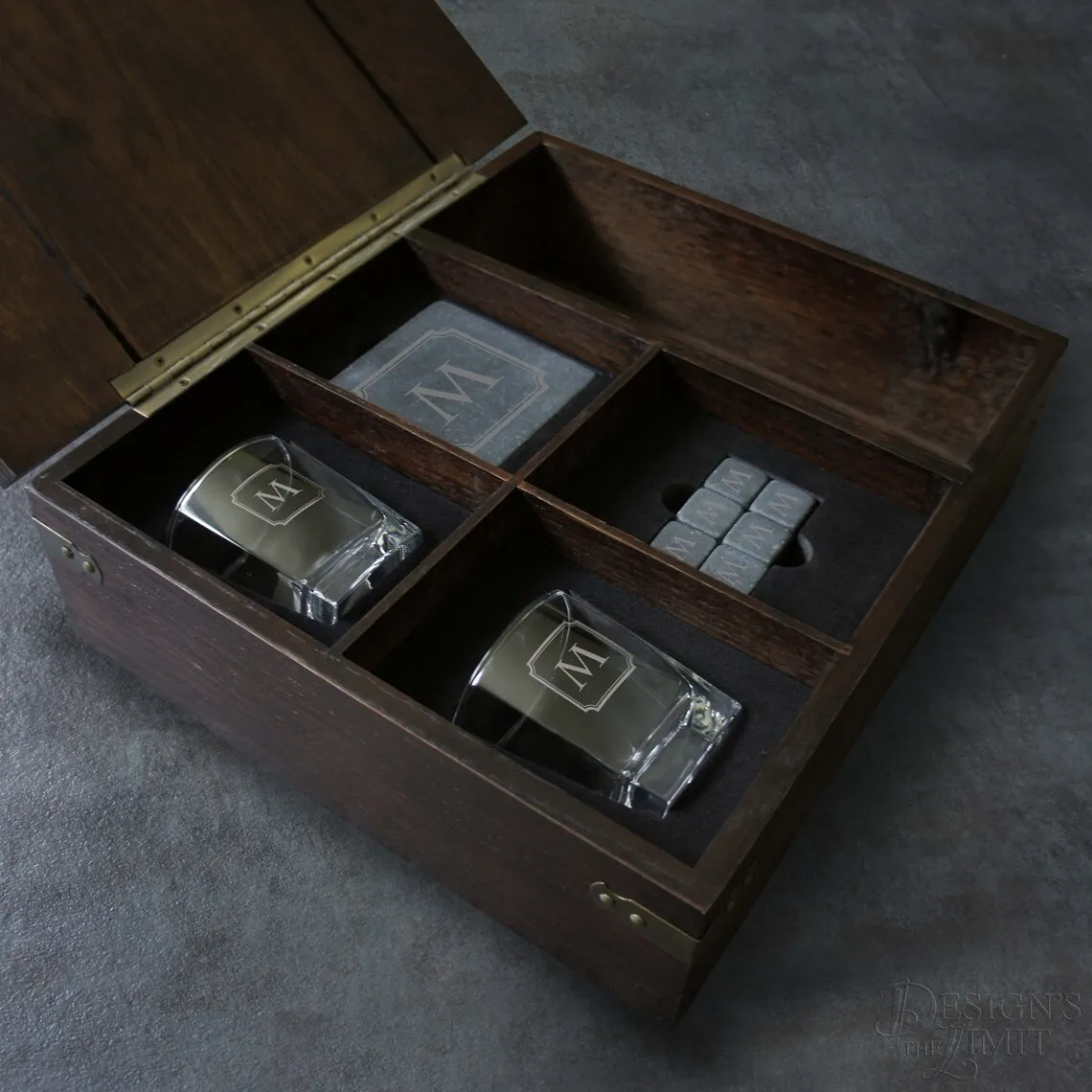 Personalized Gift Set including Wood Case/ Rocks Tumblers/Stone Coasters