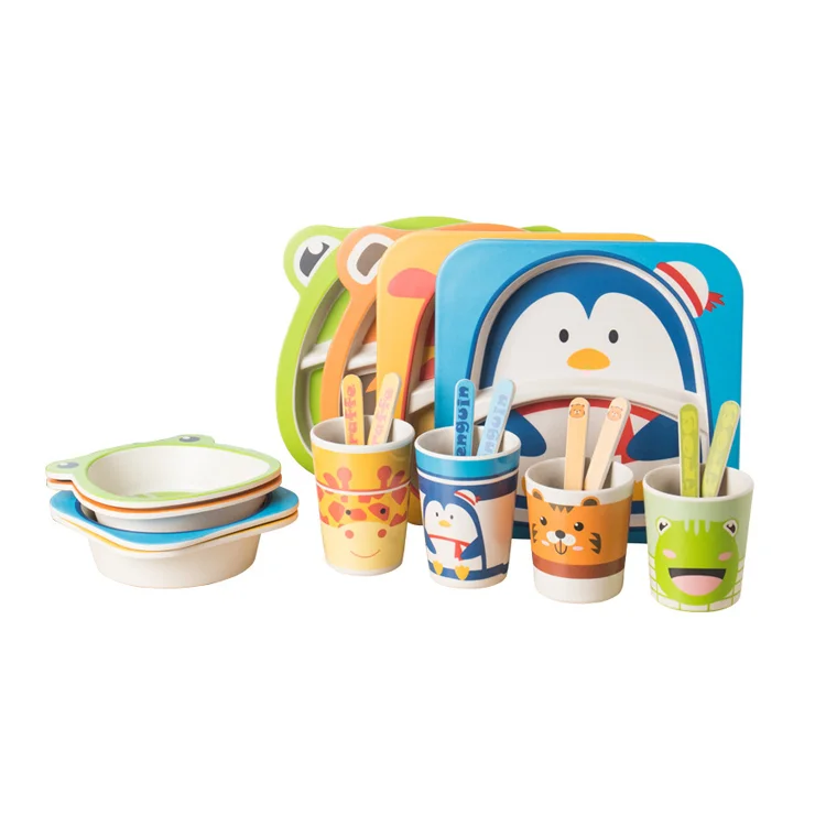 Лидер продаж, набор детской посуды из бамбукового волокна для домашнего использования с животными, набор тарелок из пяти предметов для детского сада с мультяшным рисунком