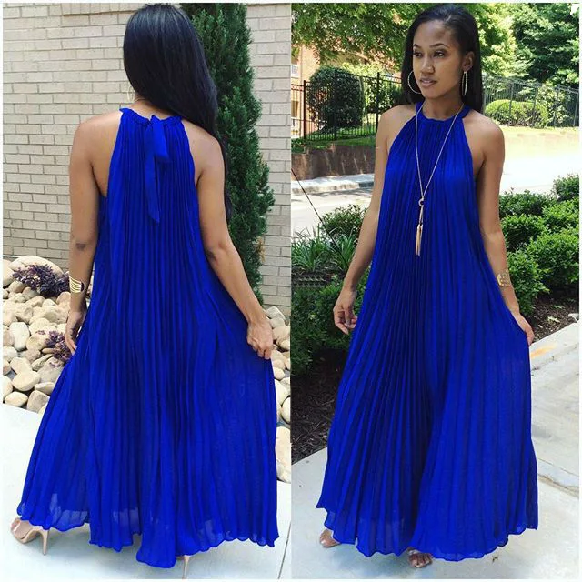 2019 summer women halter long dress sleeveless chiffon dress Pleated maxi dress