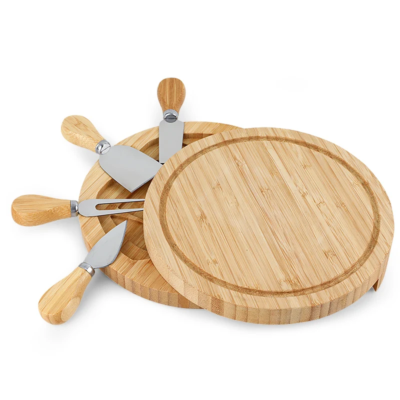 Custom Wood Chopping Cheese Boards Set With Cheese Knife And Fork Circular cheese board bamboo Wood Cutting Boards Wholesale