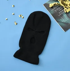 Дешевая оптовая продажа, акриловая вязаная однотонная Лыжная маска с 3 отверстиями, облегающая маска для лица, Балаклава