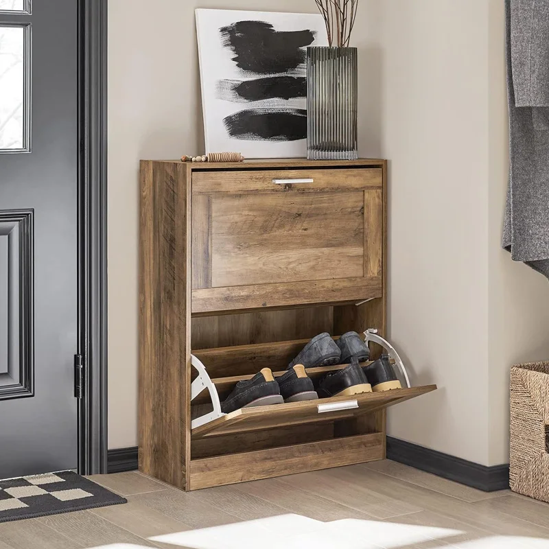 Natural Brown Entryway Hallway Bedroom Shoe Rack Freestanding Shoe Storage Cupboard Organizer 2 Flip-Drawers Shoe Cabinet