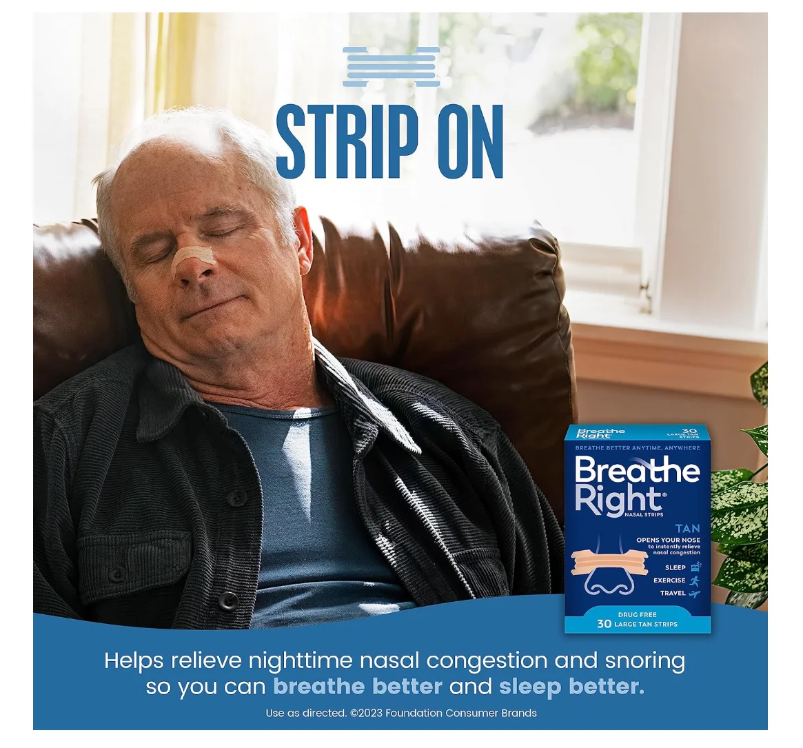 Breathe Right Original Nose Strips to Reduce Snoring and Relieve Nose Congestion, Tan, 30 Count