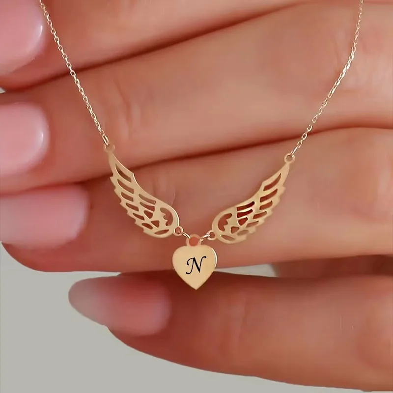 Duoying Fashion Initial Letter Pendant Necklace Stainless Steel Heart Wing Choker Necklace for Woman