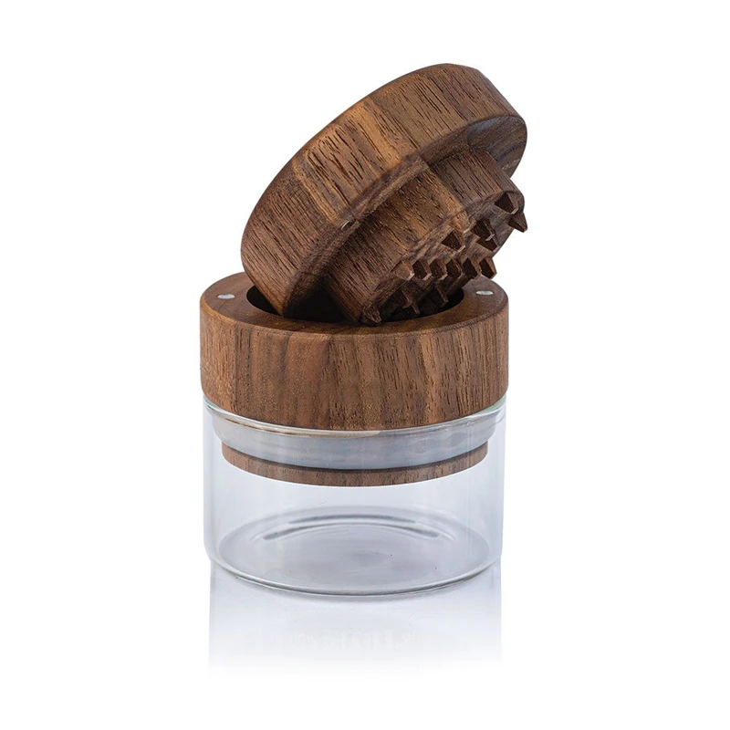 LOW MOQ Wholesale OEM ODM Custom Natural Walnut Wood Herb Grinder with Glass Storage