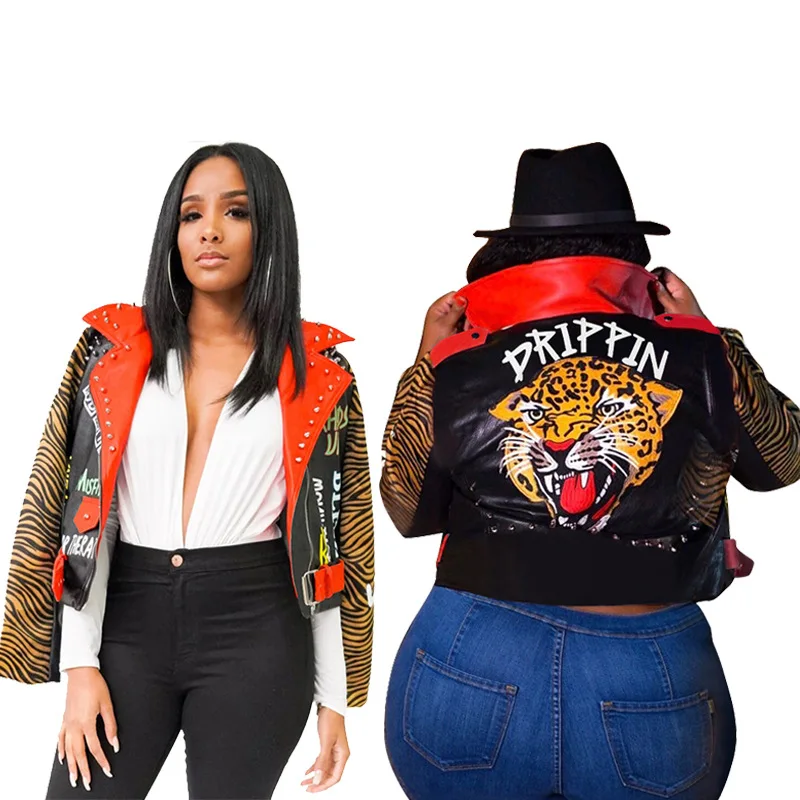2021 new arrivals autumn winter women contrast color jackets plus size cross border printed lapel zipper coat clothes clothing