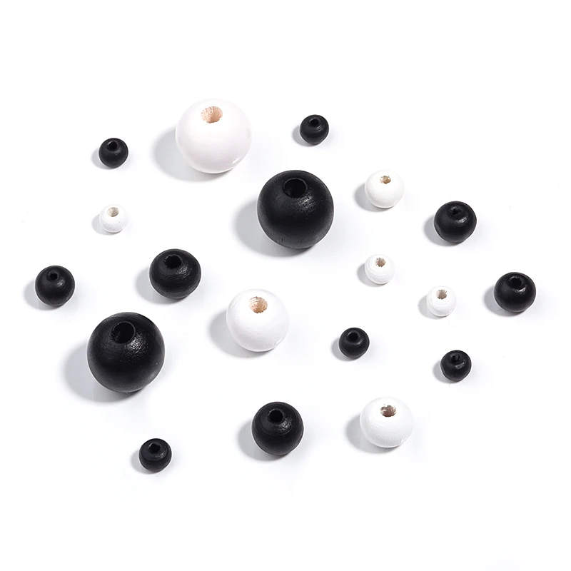 Black and white beads with multiple specifications of wooden round beads are used for jewelry making decoration, and DIY jewelry