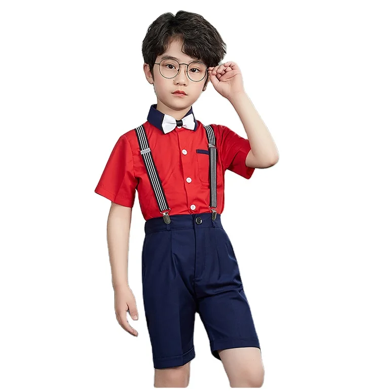 wholesale classic British style 5 colors summer shirt trousers with braces suit bow tie party suit set