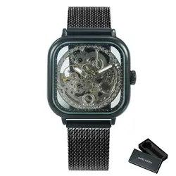 WINNER Official Blue Mens Watches Top Brand Luxury Automatic Mechanical Watch Men Carved Magnet Mesh Strap Skeleton Wristwatch