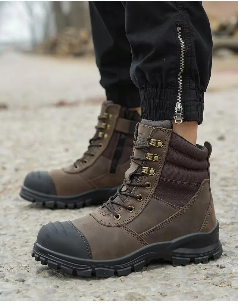 High ankle dark brown Crazy horse Leather mining work safety boots for men, drak brown safety boot have tpu toe