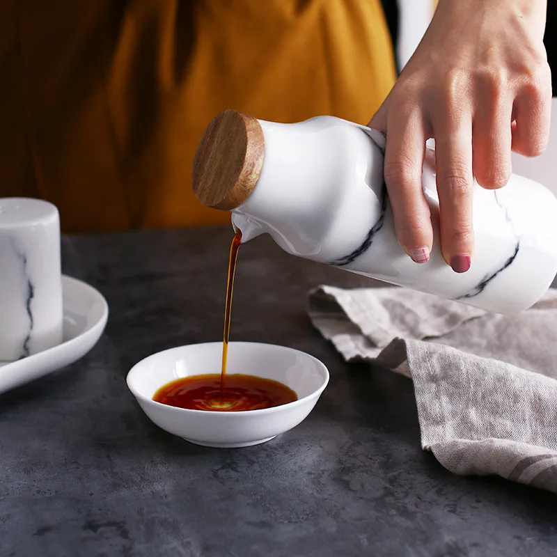 High Quality Food Grade Porcelain White Marble Olive Oil Bottle Kitchen Vinegar Cruet Set With Wood Lid