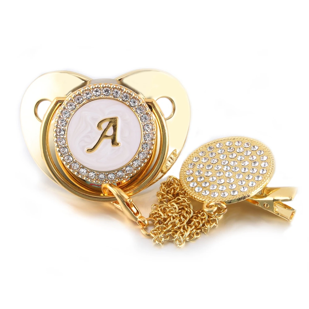 Custom Luxury Baby Pacifier Clip Silicone BPA Free Infant Nipple for Newborn Baby Shower Gold Bling Dummy Holder Soother