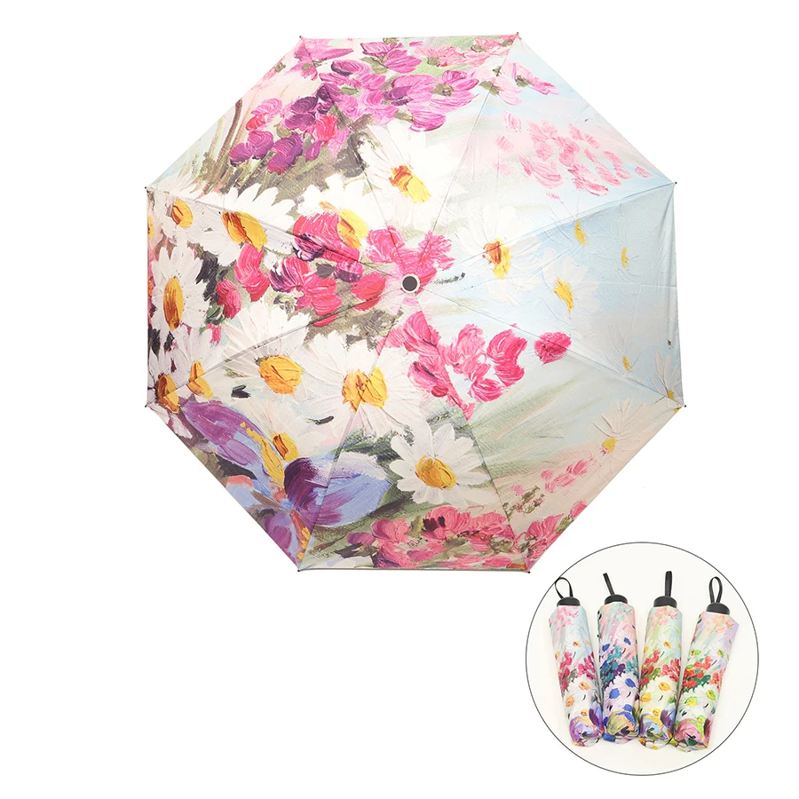 Retro Spring Oil Painting Flower Umbrella Dual Use Three Folding With Black Coating UV Umbrella