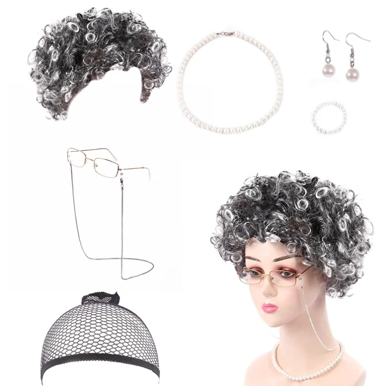 Old Lady Cosplay Set 7pcs Women Costume Granny Wig Cap Glasses Chain Cords Faux Pearl Bead Necklace Earrings Bracelet Halloween
