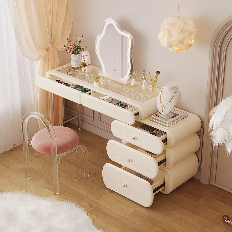 Hot Sell Hammer Glass Tabletop MDF Glossy Painting Lighted Makeup Vanity Table Bedroom Dresser with LED Lighted Makeup Mirror