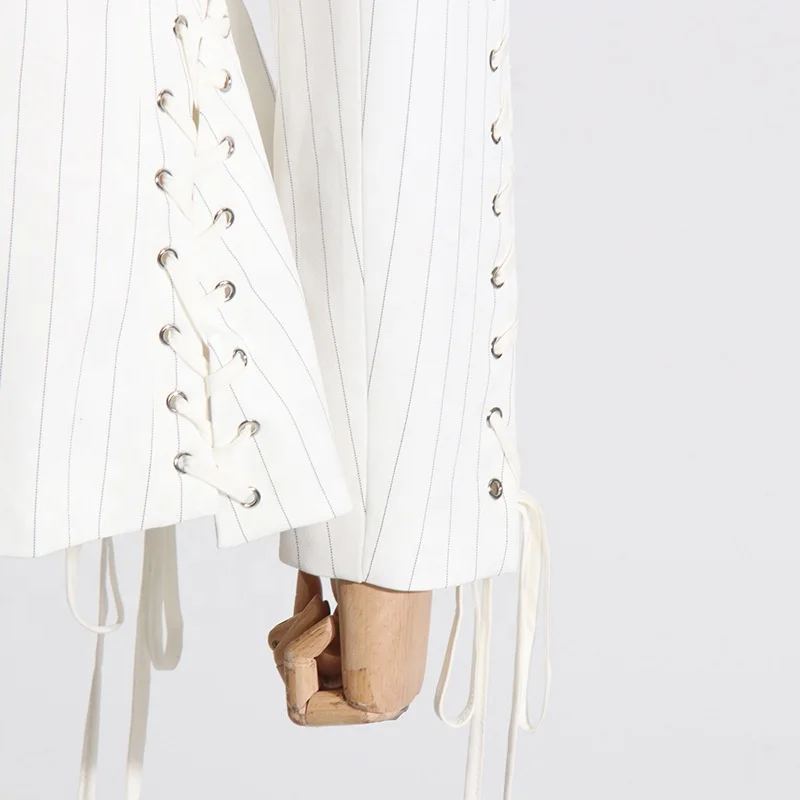 OUDINA New Fashionable Ladies Suit Jacket Lace-up Design Waist Striped Slimming Women Blazer