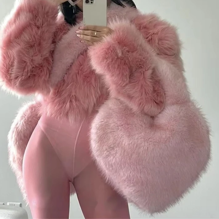 BUSY GIRL RS4752 Faux fox Fur Heart Shaped Bags for Women Fashion pink Khaki Furry Fuzzy Fluffy Crossbody Tote Bags