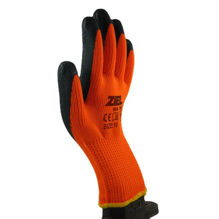 7 Gauge Coated Wrinkle Warm Fleece Lined Latex Glove Malaysia Top Wear Resistant Non Slip Dipped Labor Thermal Winter Glove