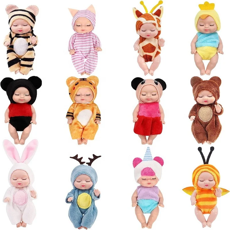 12PCS set 4 inch mini reborn baby dolls realistic tiny dolls with animal clothes cute princess mini dolls