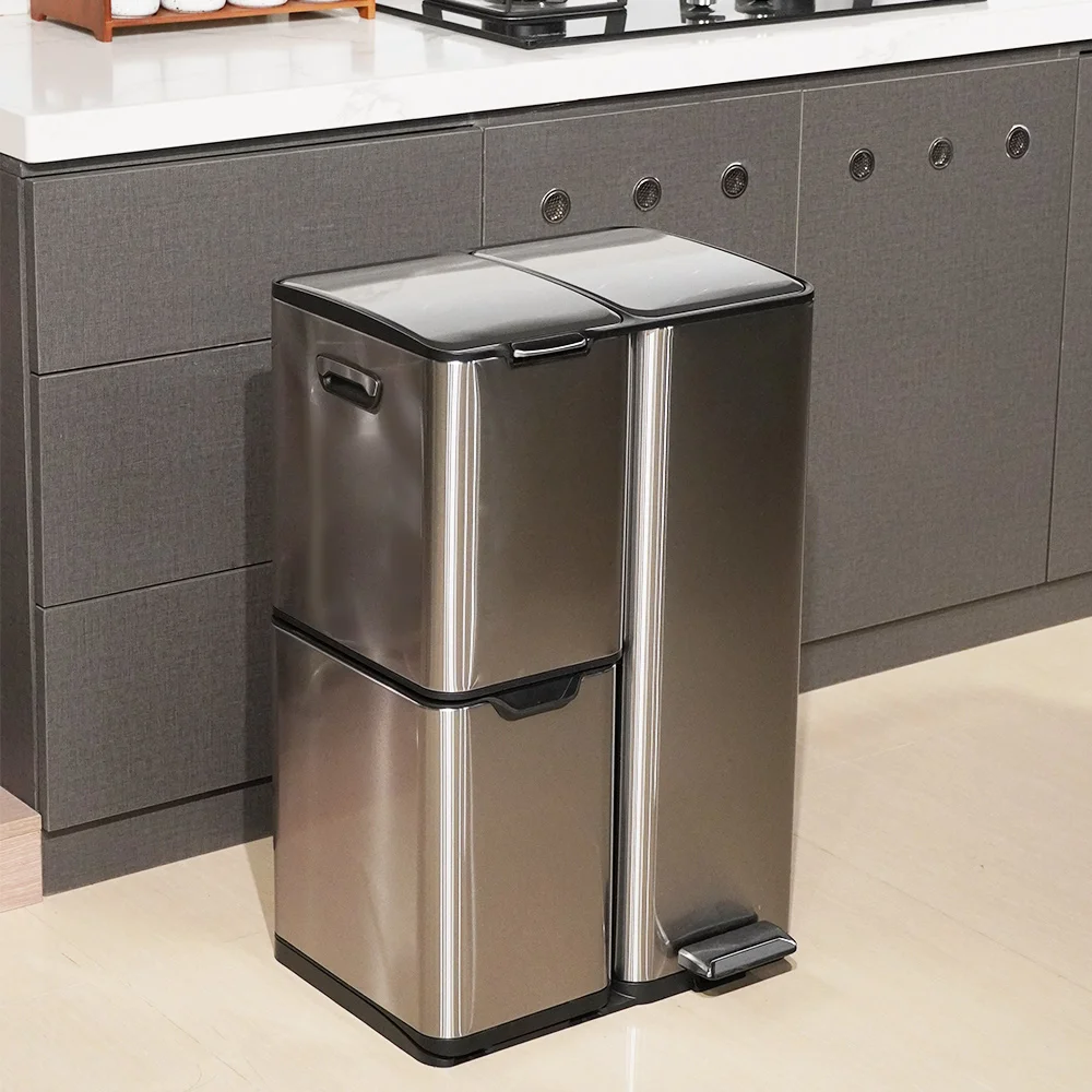60 л Трехместный отсек 3-в-1 Многофункциональный мусорный бак из нержавеющей стали со складывающейся педалью нажмите открытую крышку выдвижной