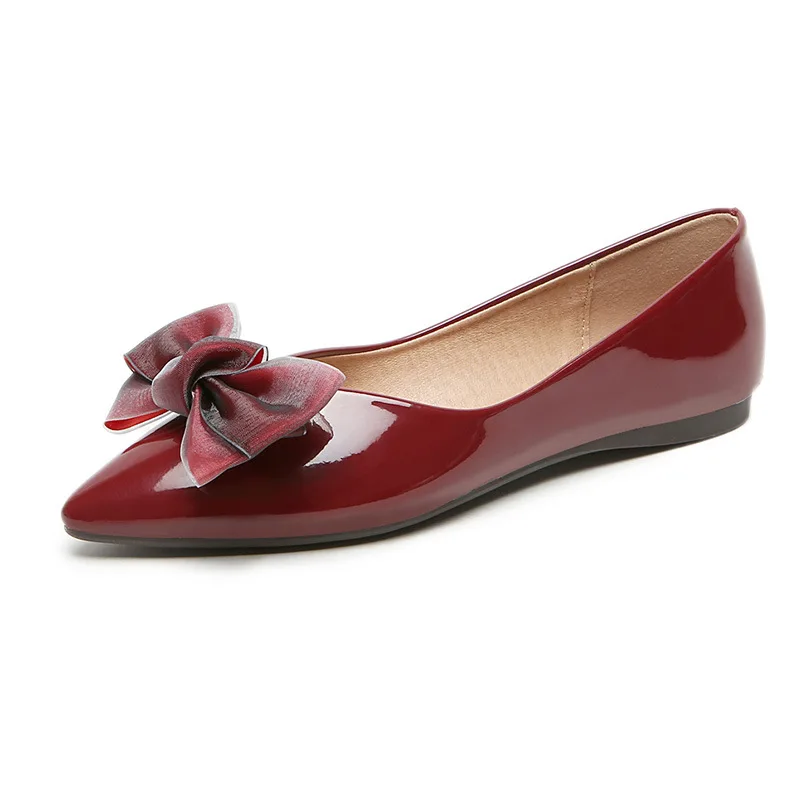 large size lightweight bow pointed toe PU leather women flat shoes