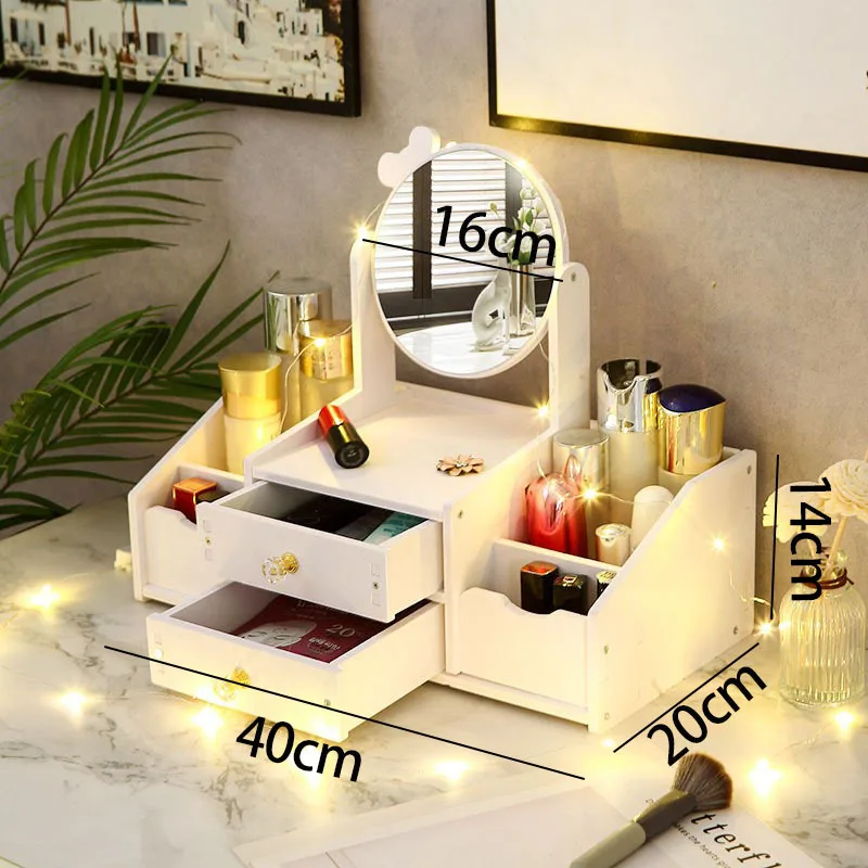 Multifunctional Wood Luxury white round mirror nordic cosmetic storage box makeup organizer with cat ears with Mirror