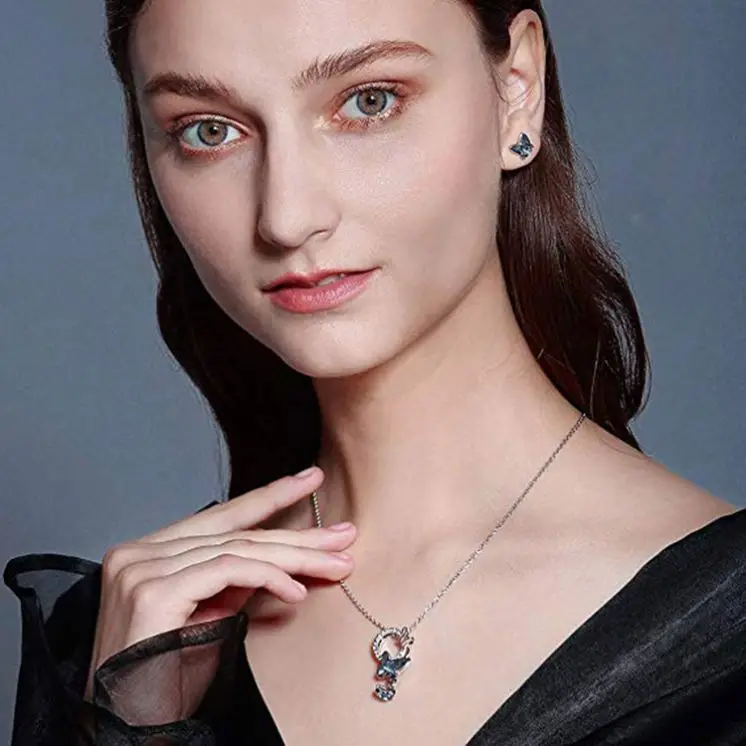 Blue Butterfly Crystal Jewelry Set Pendant Necklace And Stud Earrings