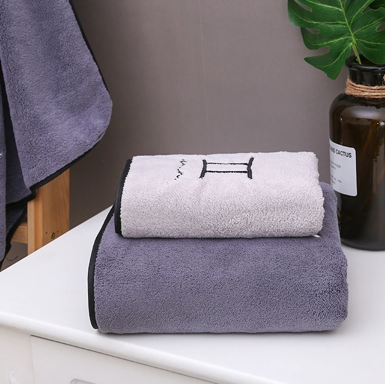 Coral fleece 12 constellations grey face bath towel sports sets with embroideriry