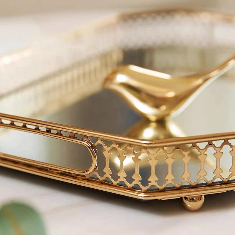 Hot sale home decor metal mirror tray rectangle round Vanity Luxury Jewelry Perfume Mirrored Tray