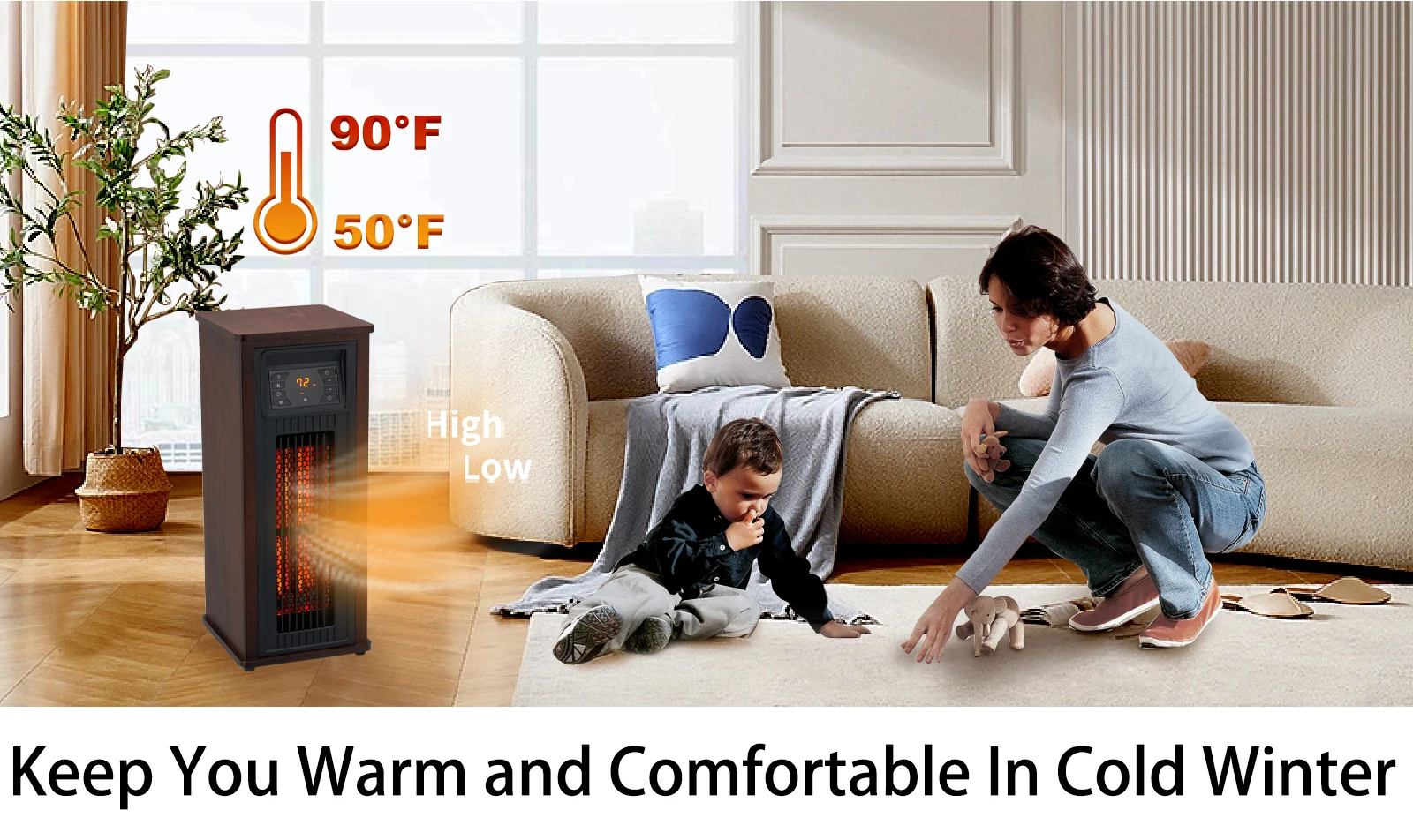 Portable 1000W 1500W Space Warmer Indoor Heating infrared wood tower heater with Remote control