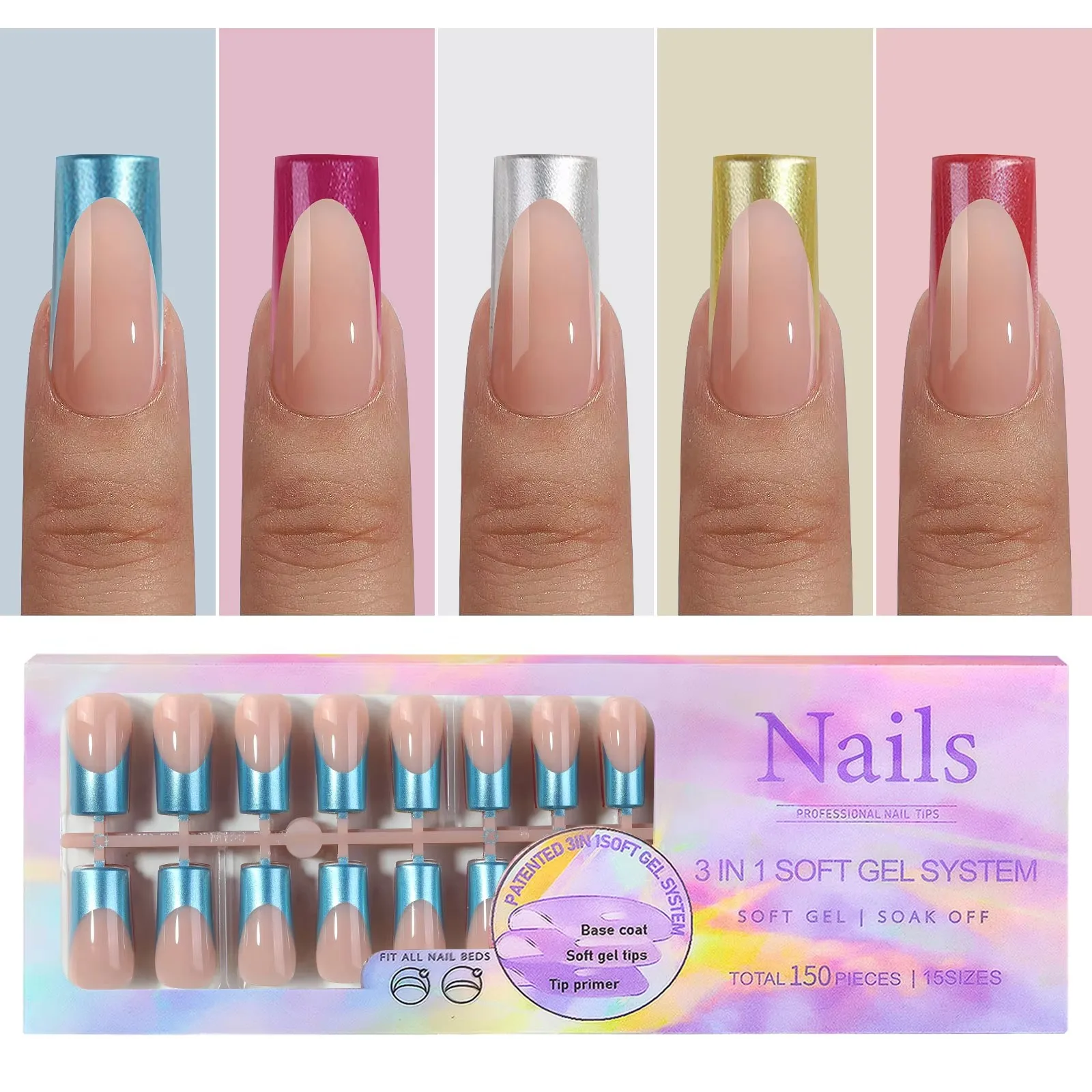 X-Coat Tips 150PCS 5 Colors French Tip Press On Nails Square Full Cover Artificial Finger Nails Tips For Manicure