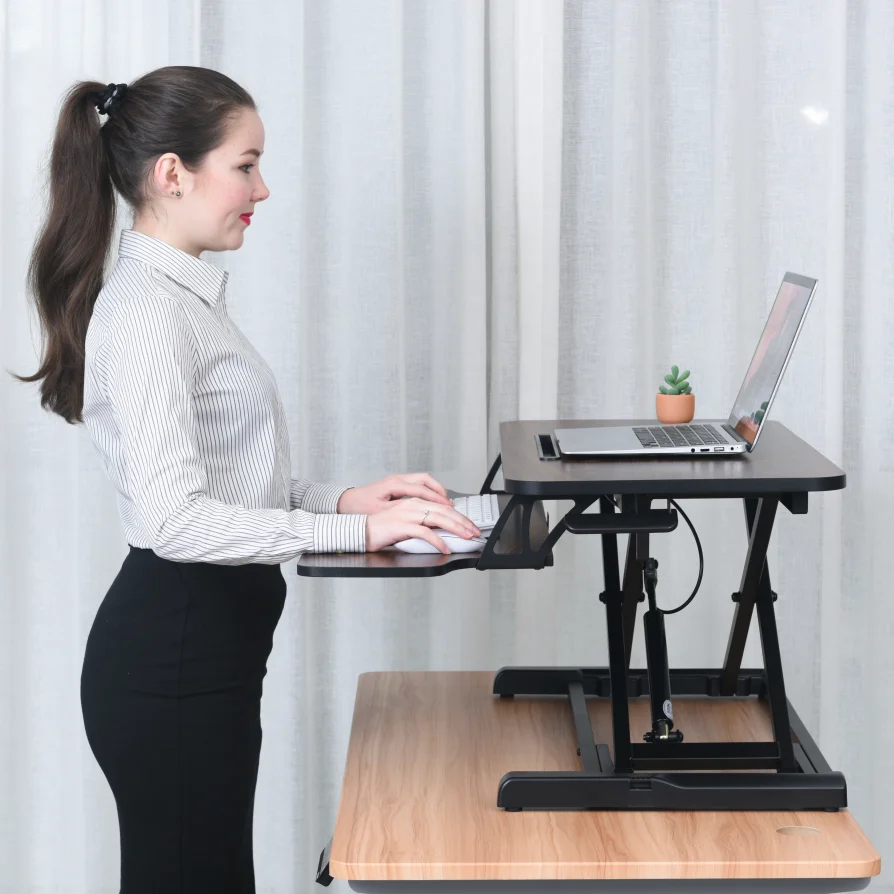 32 inch Height Adjustable Sit Stand Desk Riser Dual Monitor Riser Workstation for Home Office with Keyboard Tray