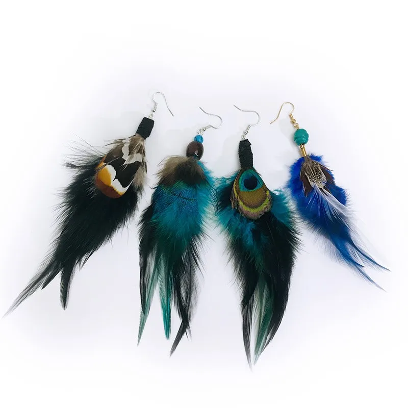 Creative Vintage Bohemian Peacock Feather Earrings Ethnic Wind Bead Feather Earrings