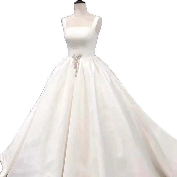 NWD1925 Elegant Straight Collar Imported 395 Satin Pure White Sweetheart Elegant Wedding Dress Thin Strap Prom Dress